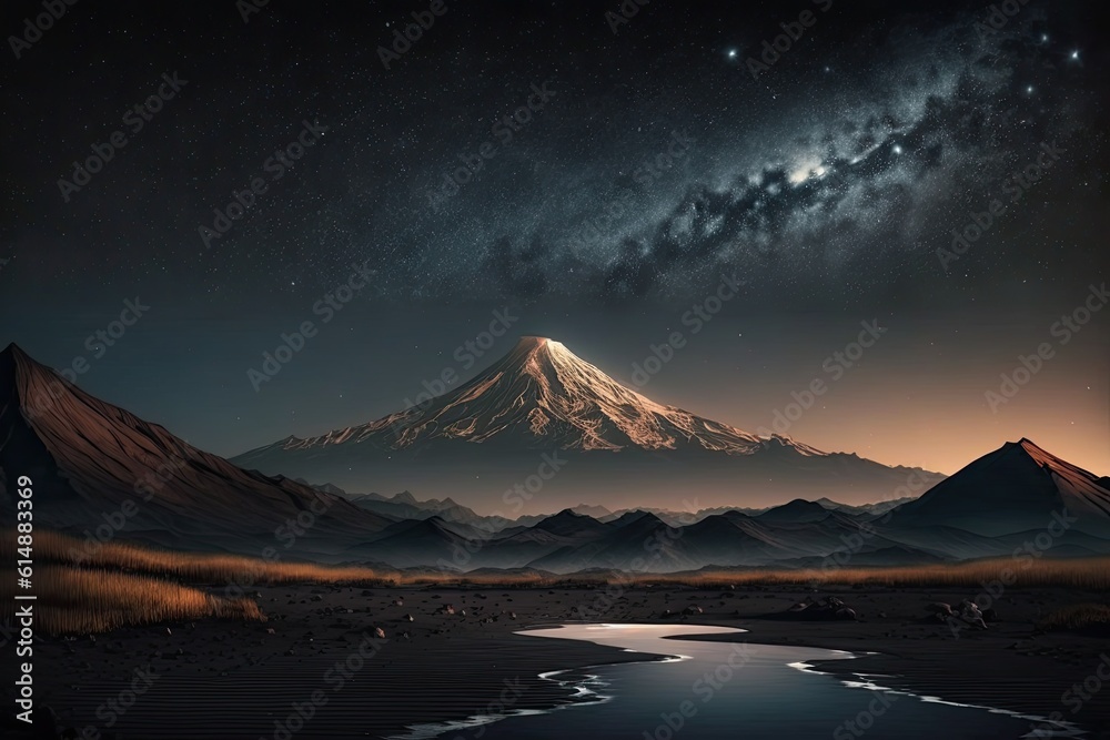 serene night landscape featuring a mountain and a flowing river. Generative AI