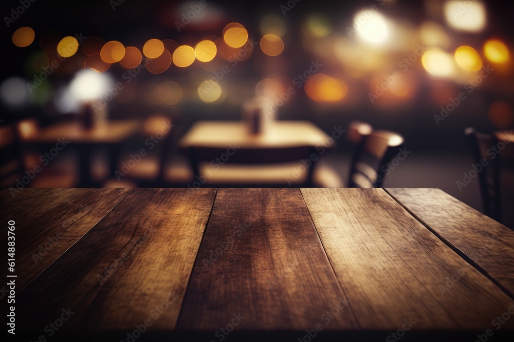 wooden table with bokeh lights in the background. Generative AI