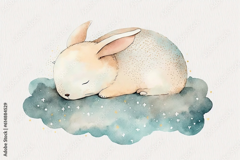 cute bunny peacefully sleeping on a fluffy cloud, depicted in watercolor. Generative AI