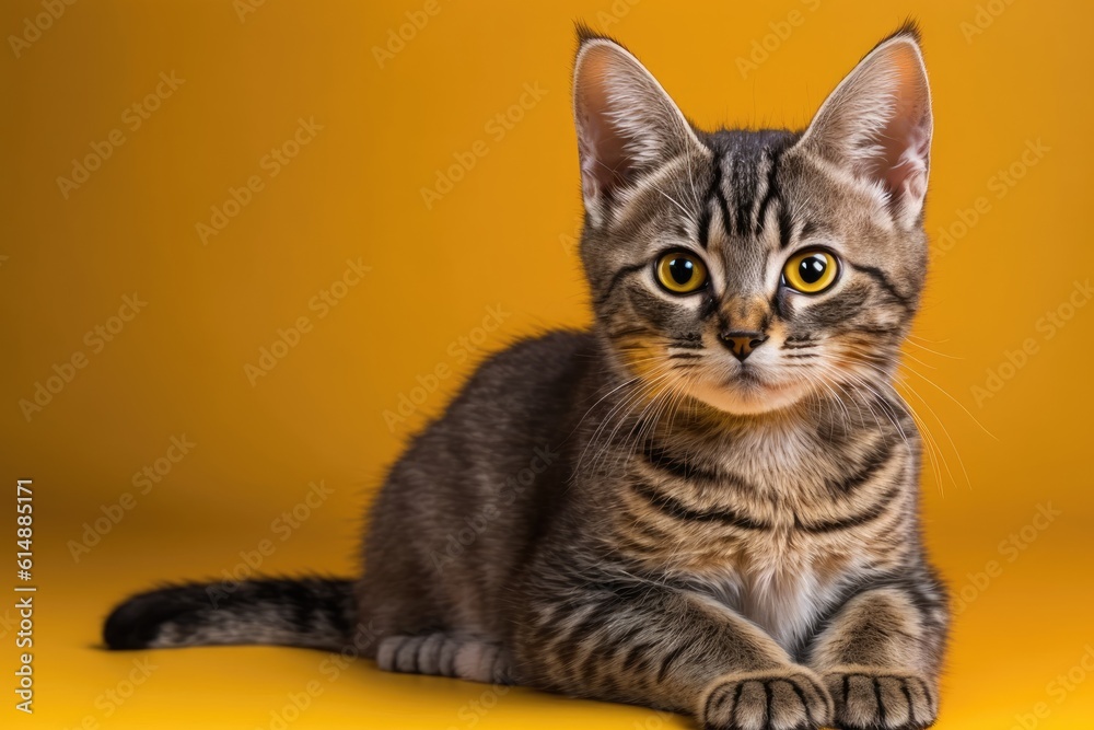 cute kitten sitting on a bright yellow background. Generative AI