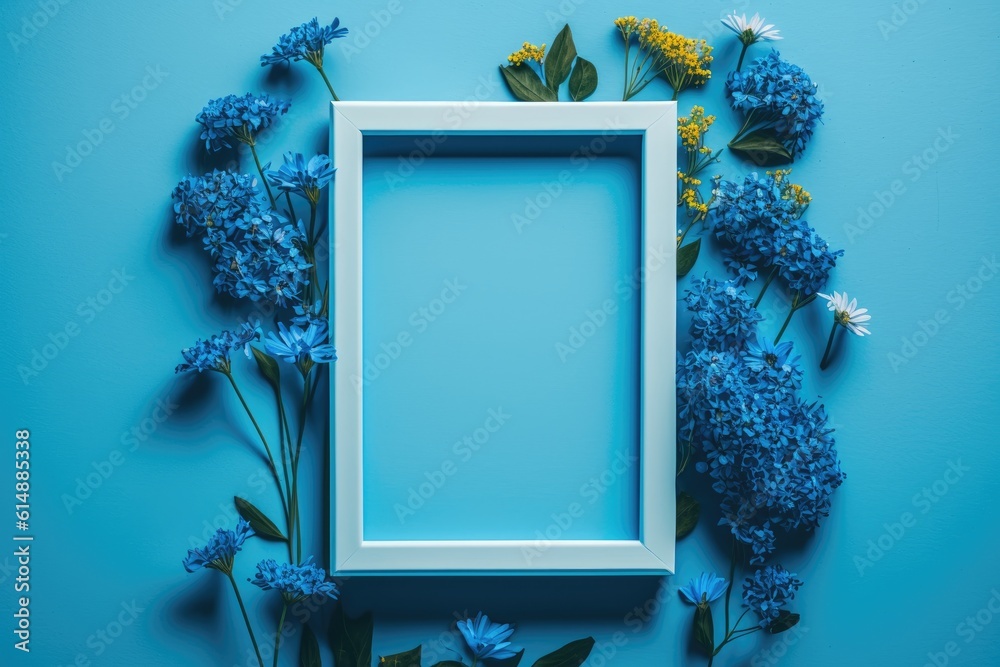 white frame with blue flowers on a blue background. Generative AI