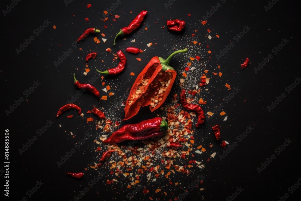 vibrant pile of red peppers on a dark background. Generative AI