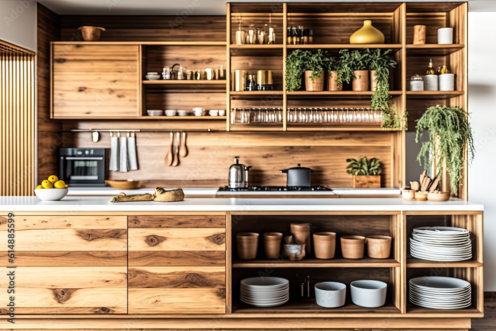 modern kitchen with sleek wooden cabinets and ample storage space. Generative AI