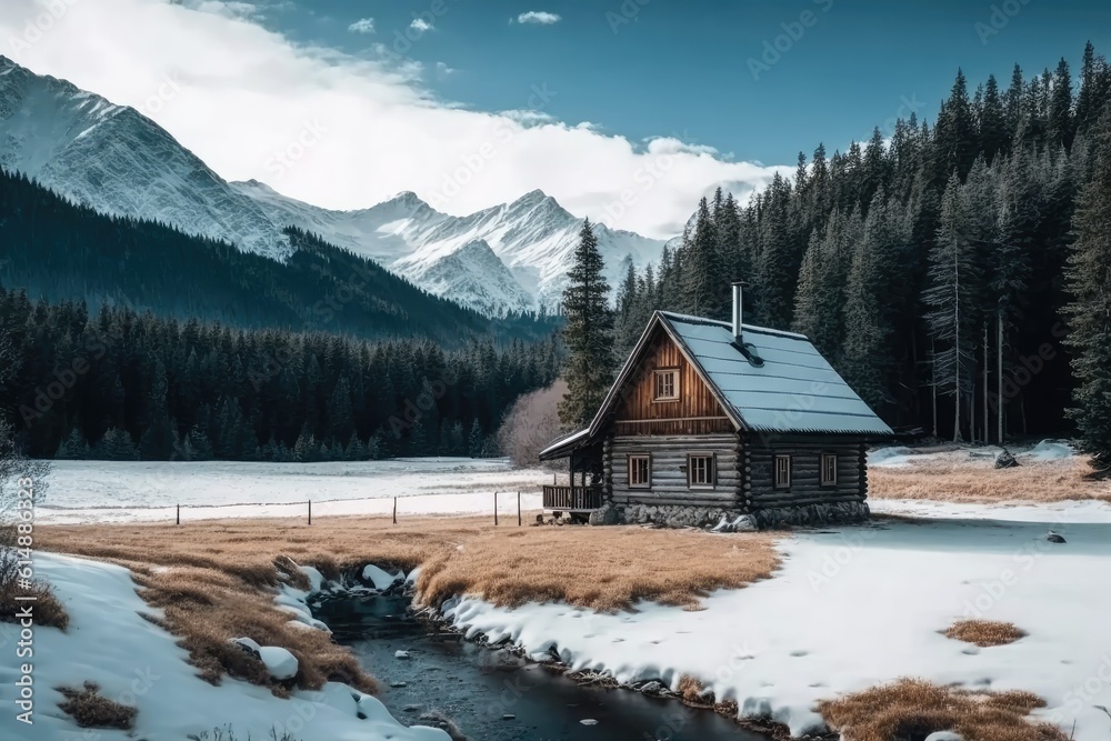 cozy cabin surrounded by a winter wonderland of snow-covered fields. Generative AI