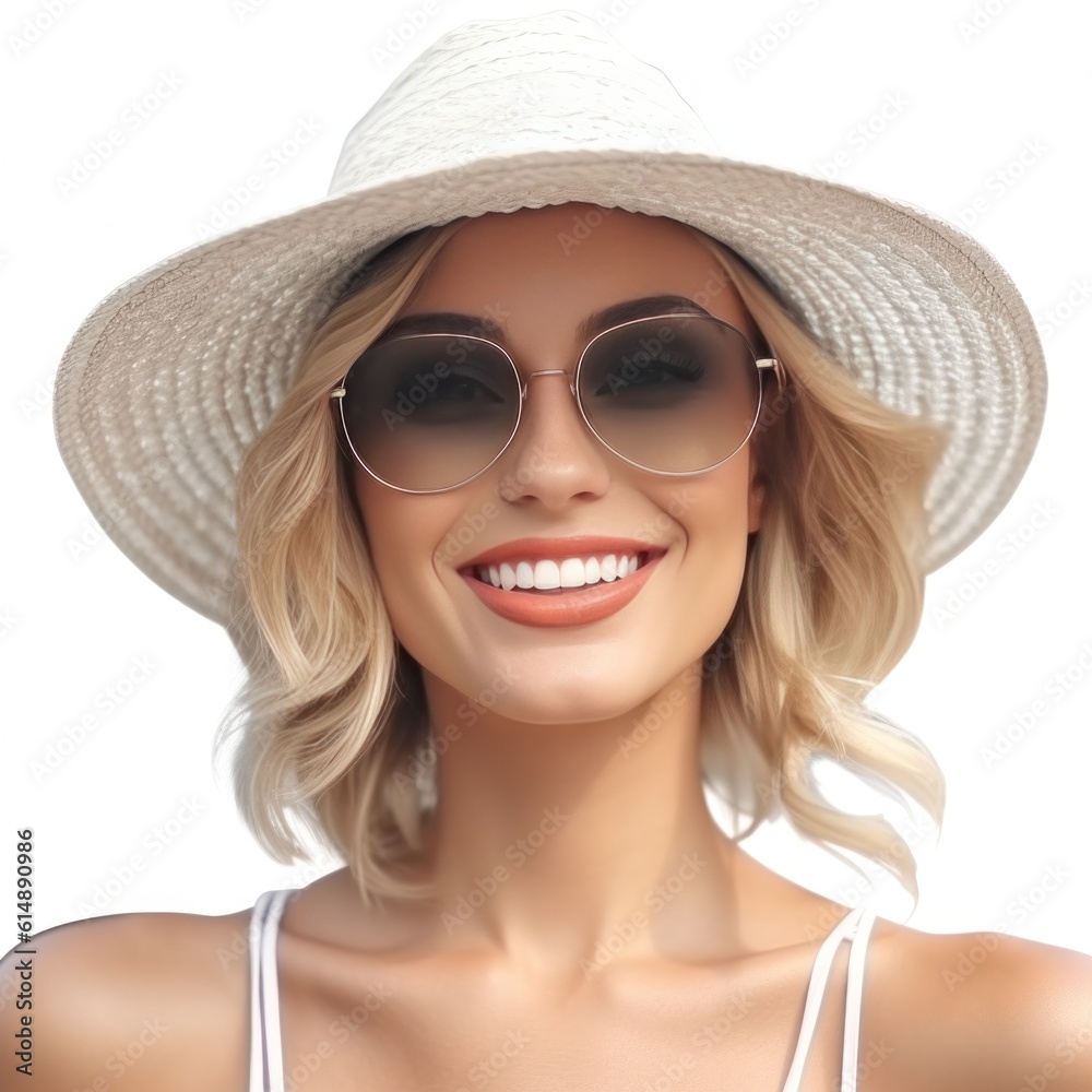 Beautiful girl with sunglasses and summer hat smiling isolated. Illustration AI Generative.