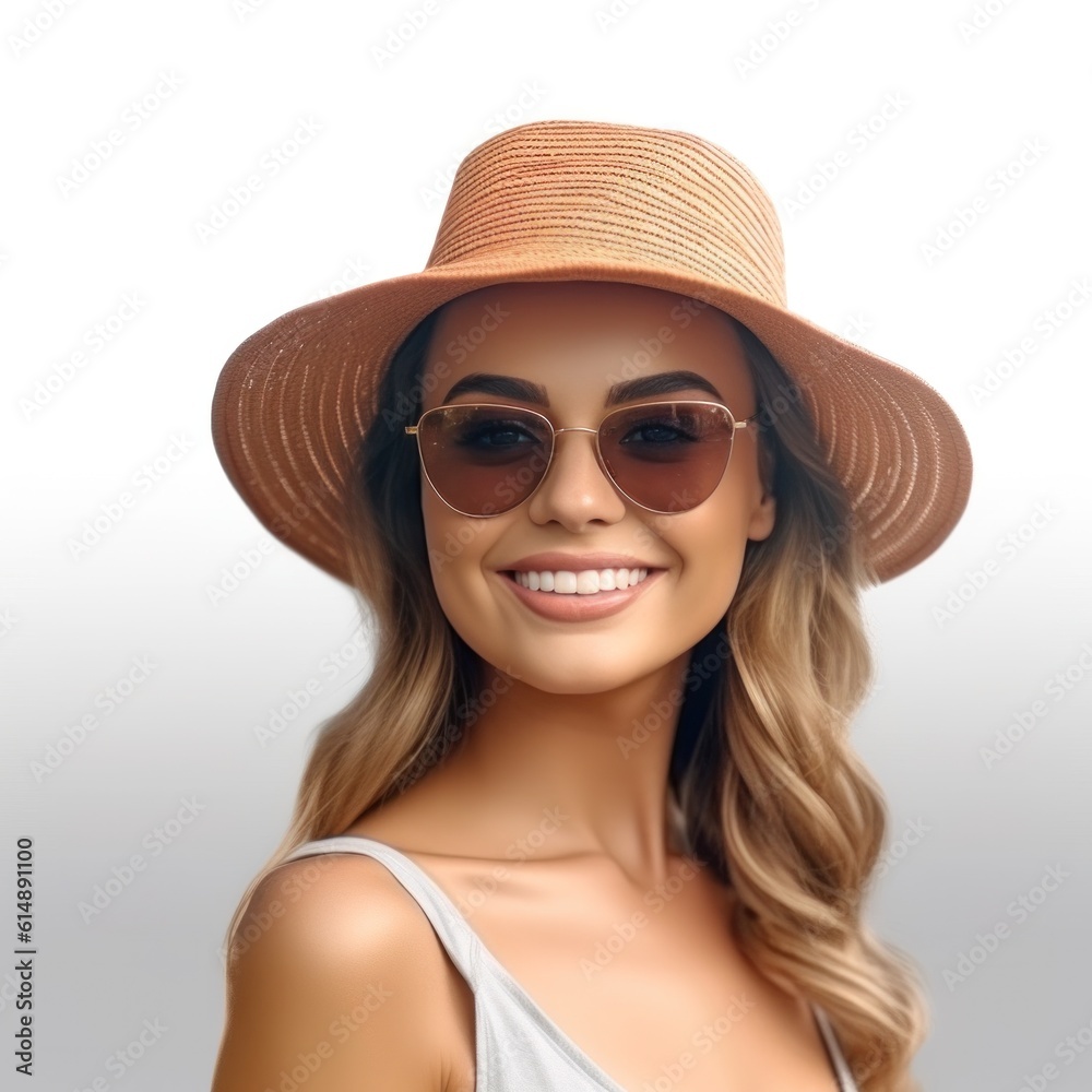 Beautiful girl with sunglasses and summer hat smiling isolated. Illustration AI Generative.