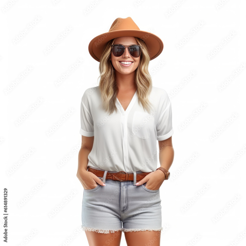 Beautiful girl with sunglasses and summer hat smiling isolated. Illustration AI Generative.