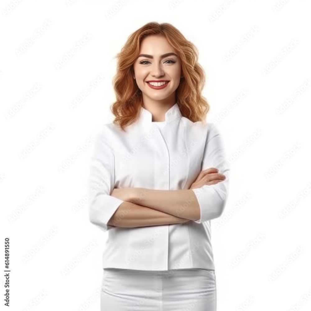 Photo of attractive doctor lady friendly smiling arms crossed. Illustration AI Generative.