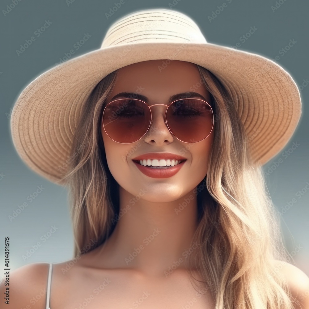 Beautiful girl with sunglasses and summer hat smiling isolated. Illustration AI Generative.