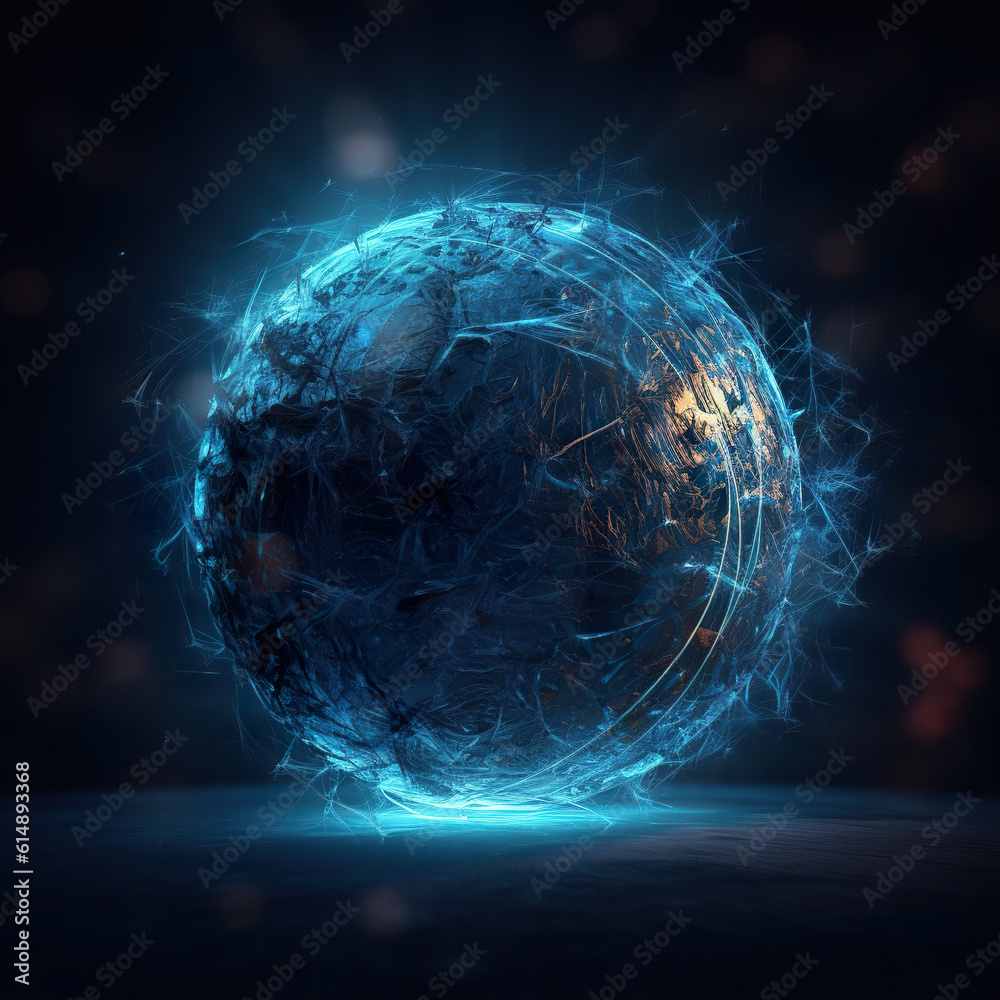 Abstract glass sphere in blue color in magic style. The magical gorgeous epic glam metal perfect sph