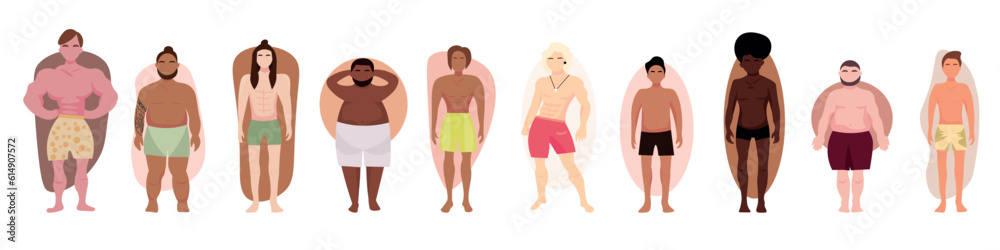 Set of men in underwear with different types of body shape on white background