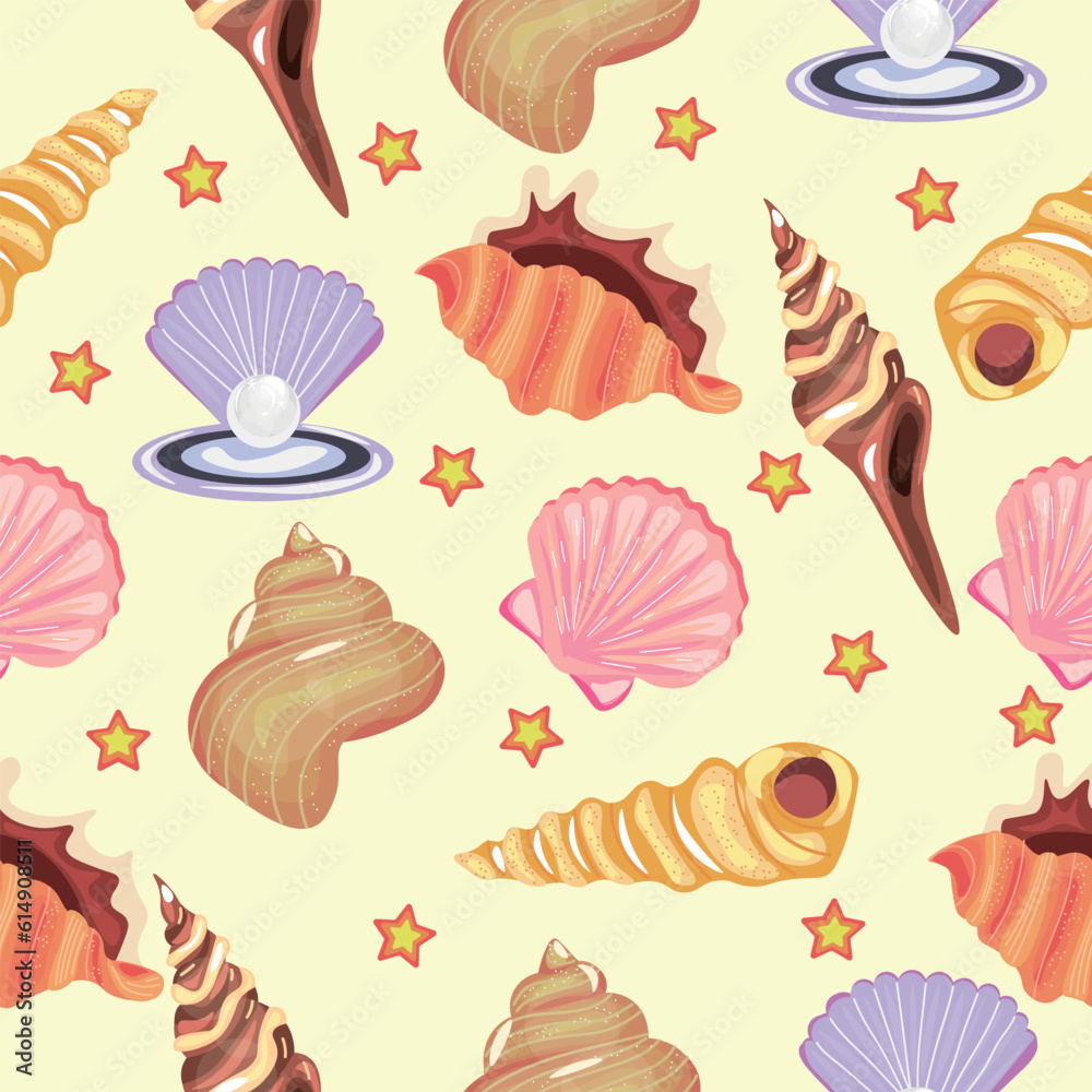 Set of beautiful sea shells on light background. Pattern for design