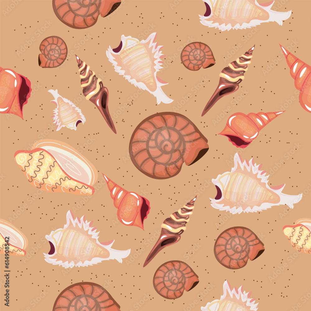 Set of beautiful sea shells on brown background. Pattern for design