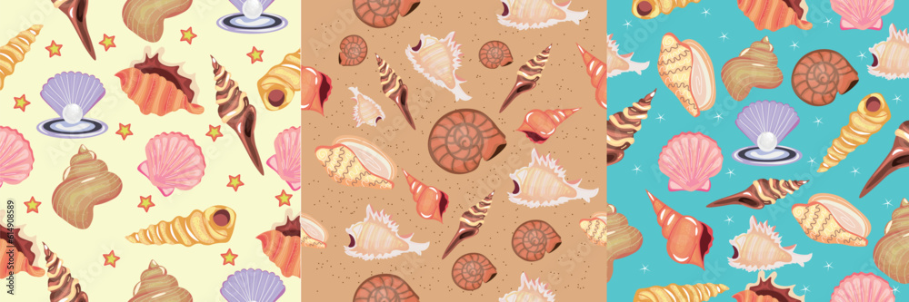 Sets of beautiful sea shells on color background. Patterns for design