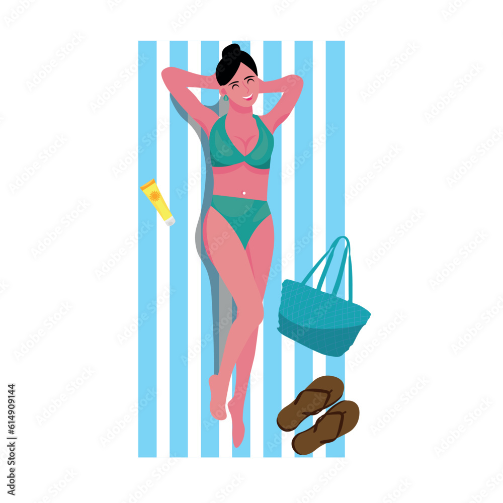 Woman lying on beach towel against white background, top view