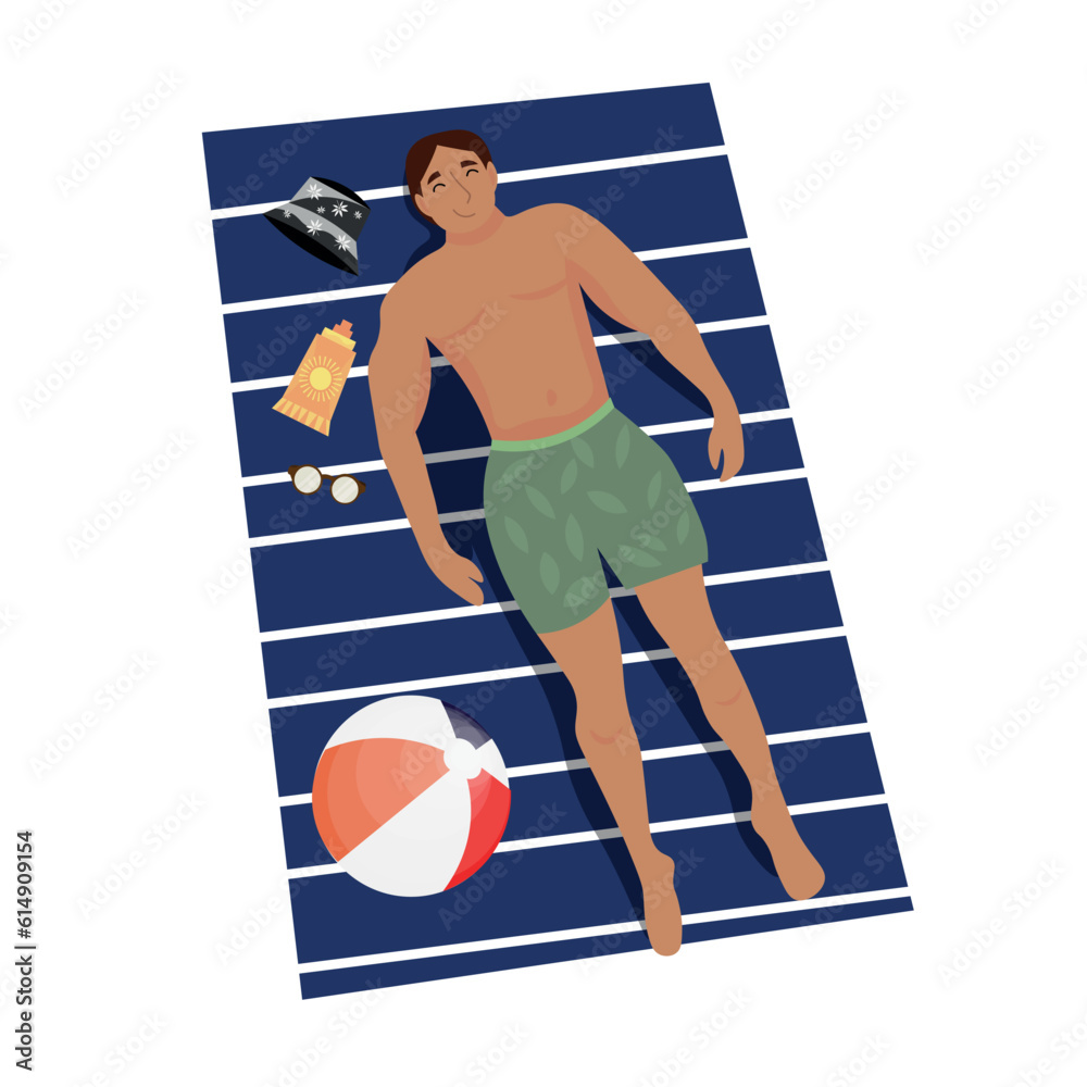 Man lying on beach towel against white background, top view