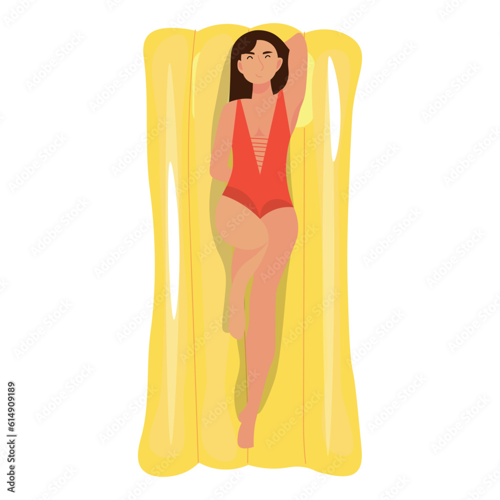 Woman lying on inflatable mattress against white background, top view