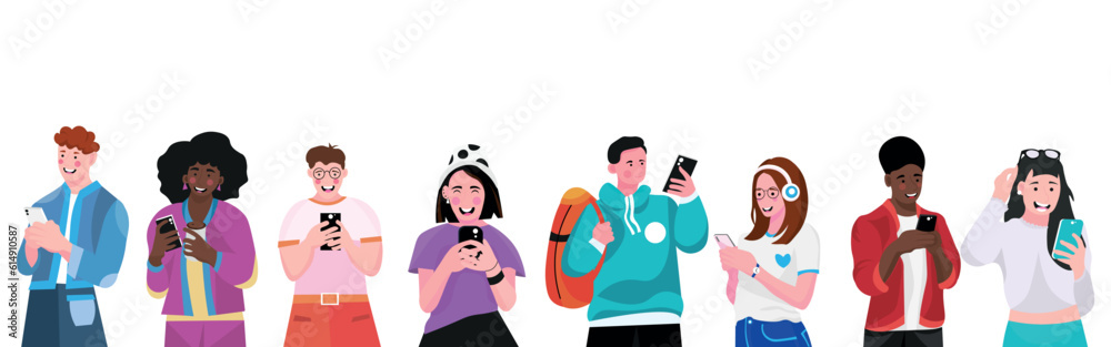 Group of young people with mobile phones on white background