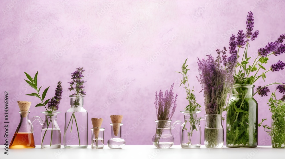 Aromatherapy concept, featuring glass bottles filled with essential oils with decorative plants. Aro