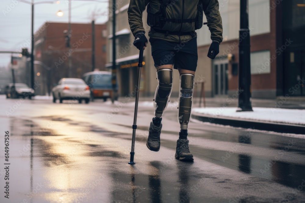 Close-up of Disabled young man with prosthetic leg walking on street. Generetive Ai