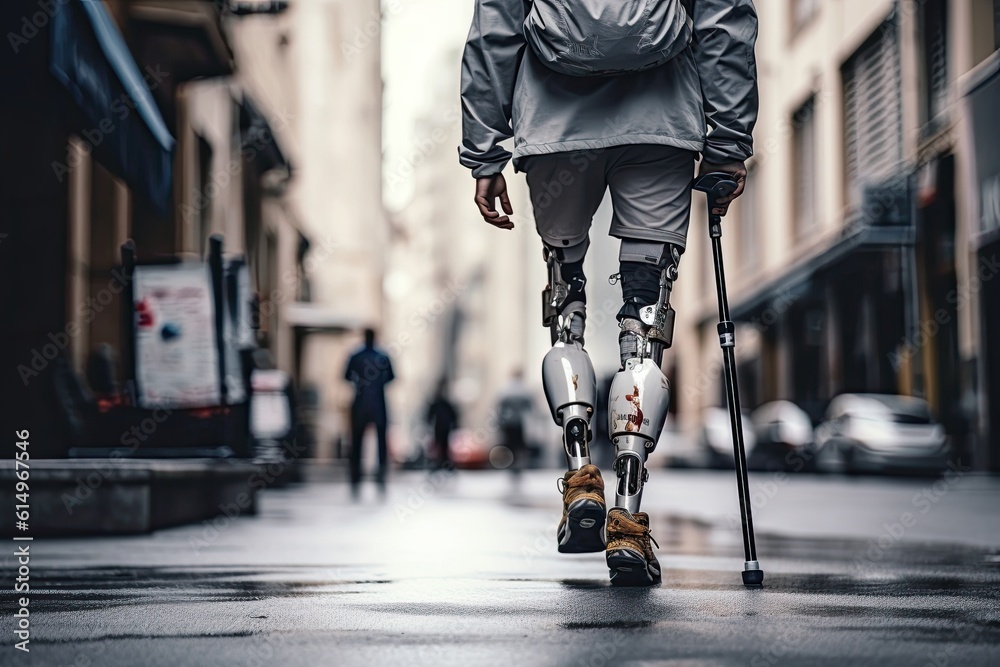 Close-up of Disabled young man with prosthetic leg walking on street. Generetive Ai