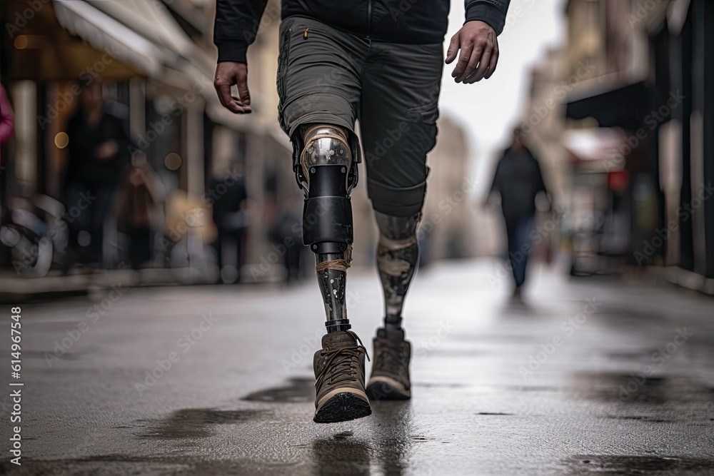 Close-up of Disabled young man with prosthetic leg walking on street. Generetive Ai