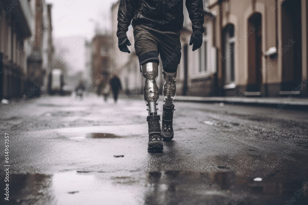 Close-up of Disabled young man with prosthetic leg walking on street. Generetive Ai