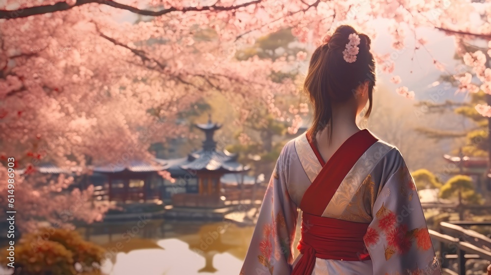 Portrait of beautiful Asian woman in Japanese kimono posing with blossom cherry flowers background i