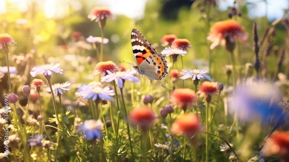 Butterfly in a meadow in nature in the rays of sunlight in summer, Wild flowers.