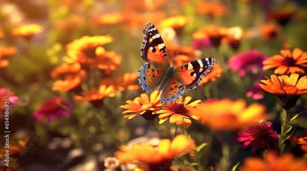 Butterfly in a meadow in nature in the rays of sunlight in summer, Wild flowers.