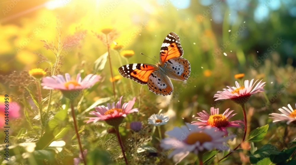 Butterfly in a meadow in nature in the rays of sunlight in summer, Wild flowers.