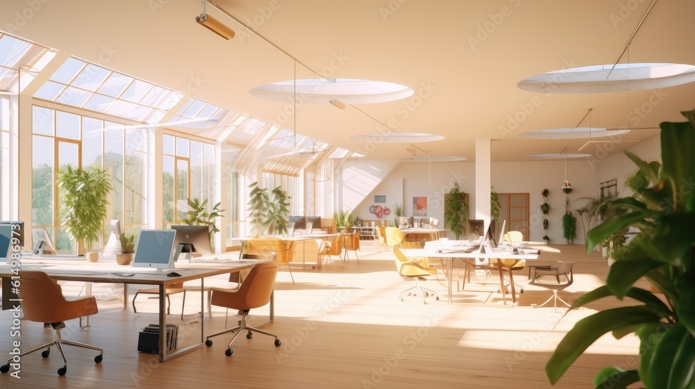 Modern Office Space With Waiting Room, Bright coworking office interior.