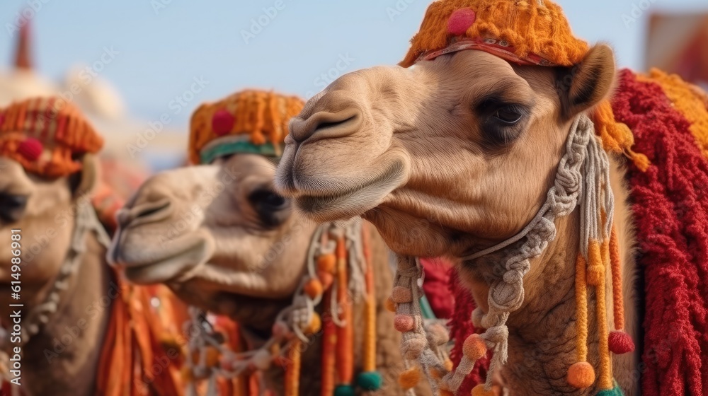 Camels with traditional dresses, Camels, Camelus dromedarius are desert animals for carry tourists o