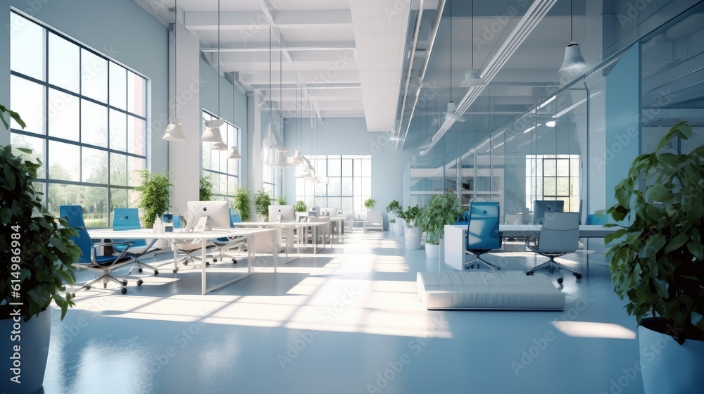 Modern Office Space With Waiting Room, Bright coworking office interior.