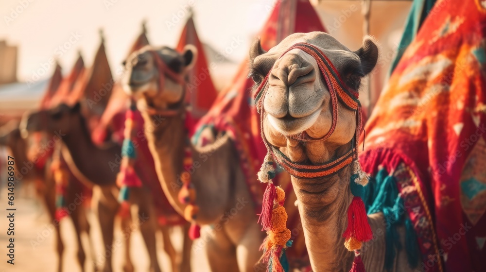 Camels with traditional dresses, Camels, Camelus dromedarius are desert animals for carry tourists o