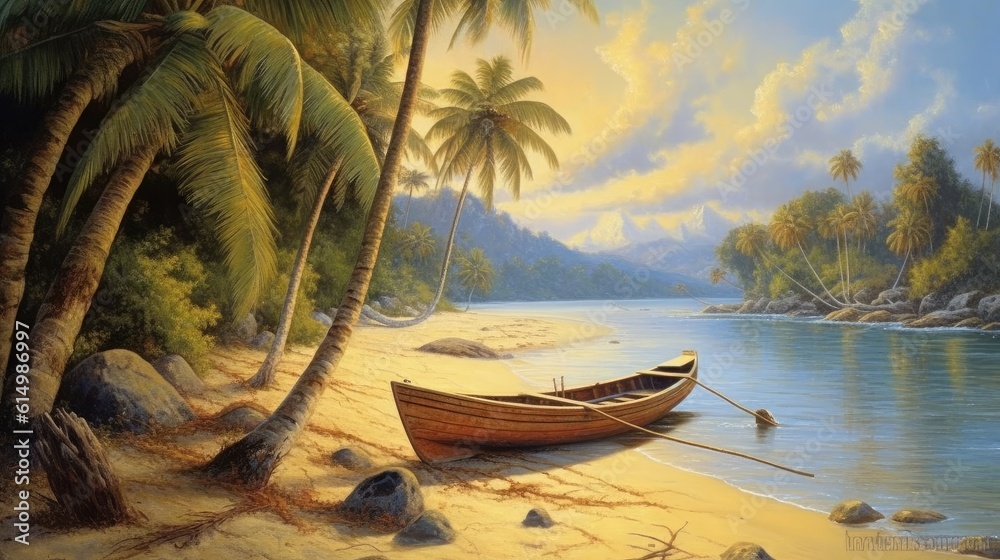 Canoe on the tropical sandy beach, A stunning summer landscape perfect for travel and vacation.