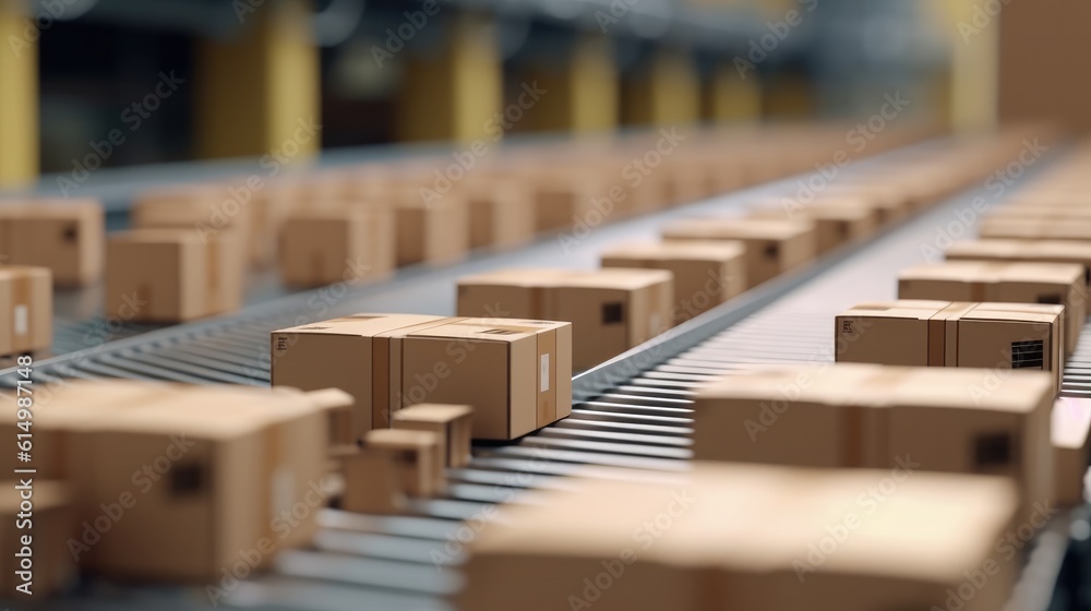 Cardboard boxes on conveyor belt in a warehouse fulfillment center, E-commerce, Delivery.