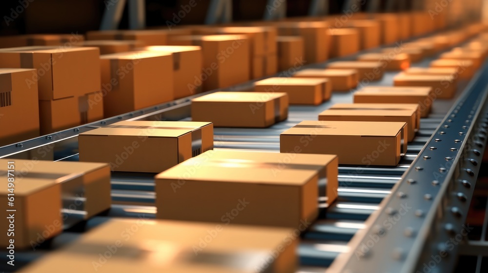 Cardboard packages being transported on conveyor belts inside a distribution warehouse.