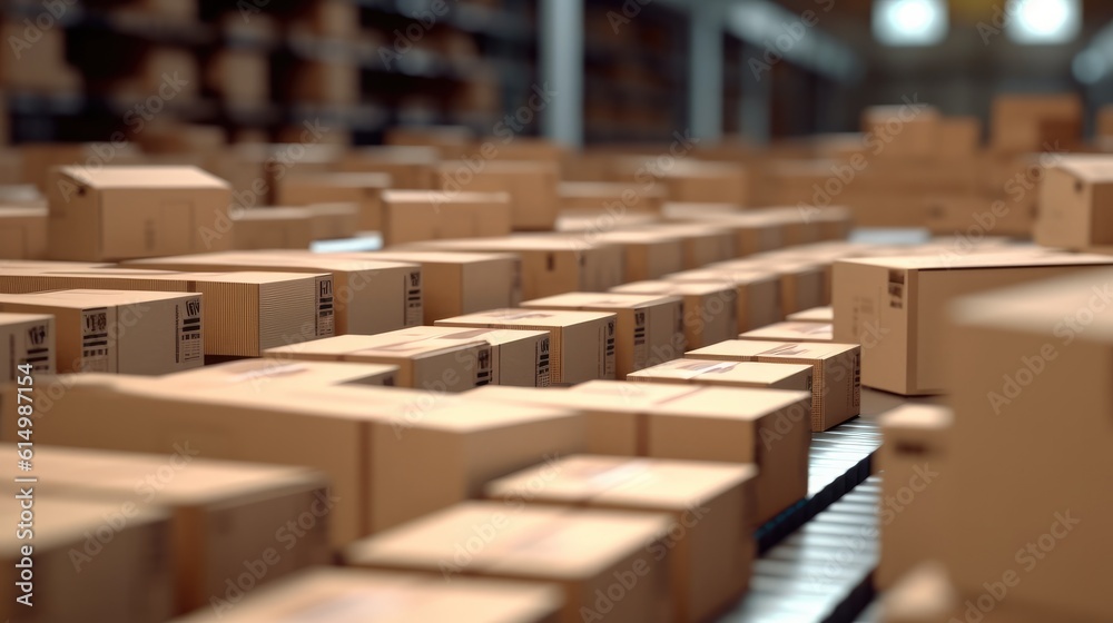 Cardboard packages being transported on conveyor belts inside a distribution warehouse.