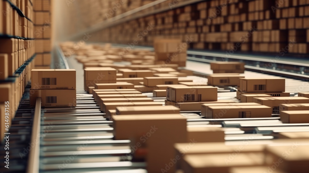 Cardboard boxes on conveyor belt in a warehouse fulfillment center, E-commerce, Delivery.