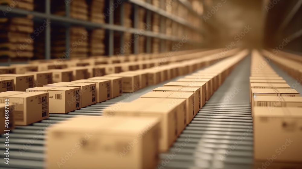 Cardboard packages being transported on conveyor belts inside a distribution warehouse.