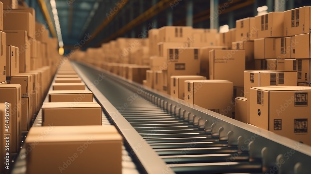 Cardboard Box at Logistics Factorys Conveyor Belt..