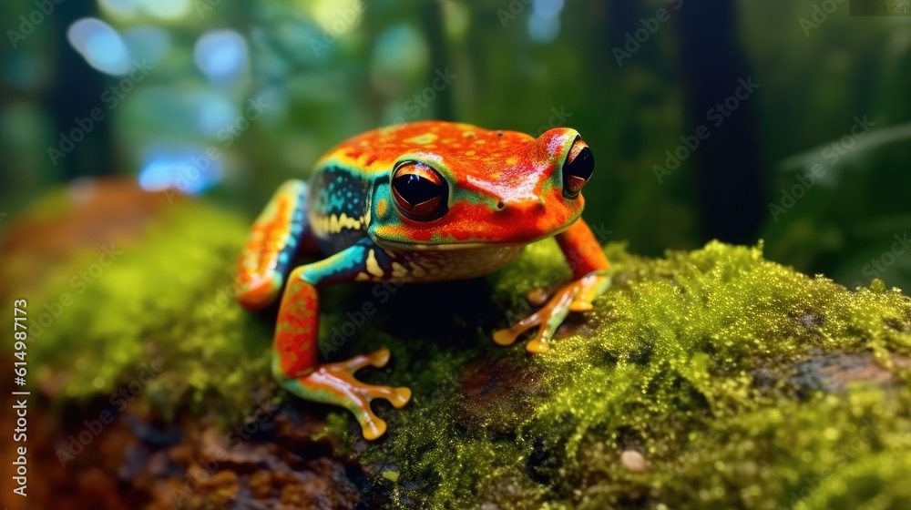 Orange blue poison frog in the jungle, Costa Rica animal.