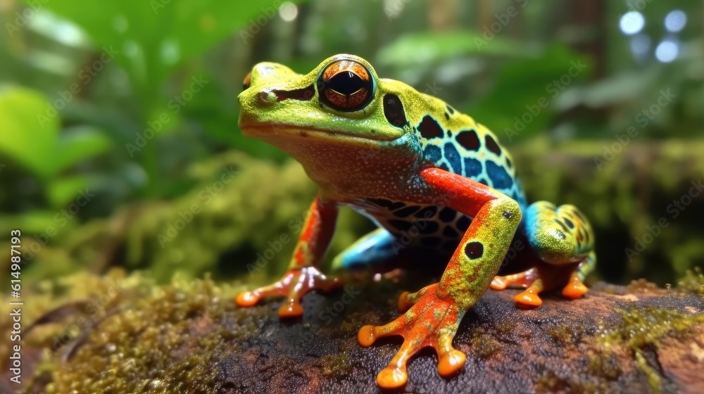 Orange blue poison frog in the jungle, Costa Rica animal.