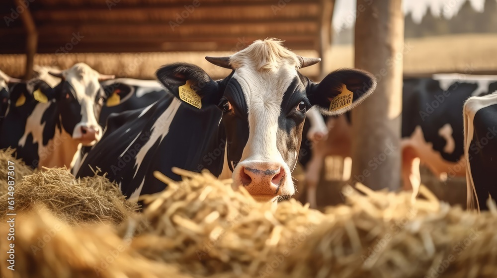 Cow eating hay at cattle farm.