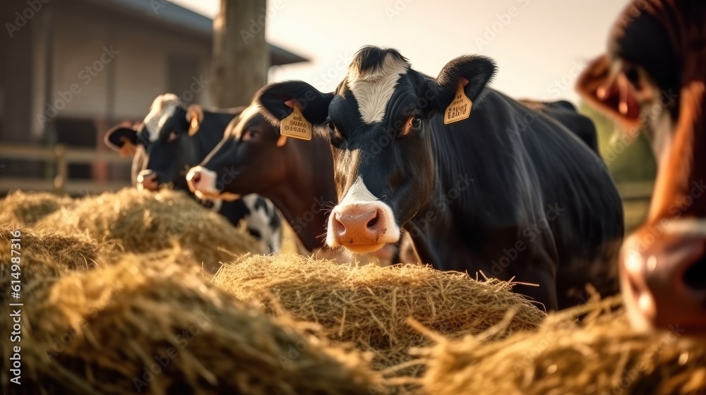 Cows eating hay in a farm barn.