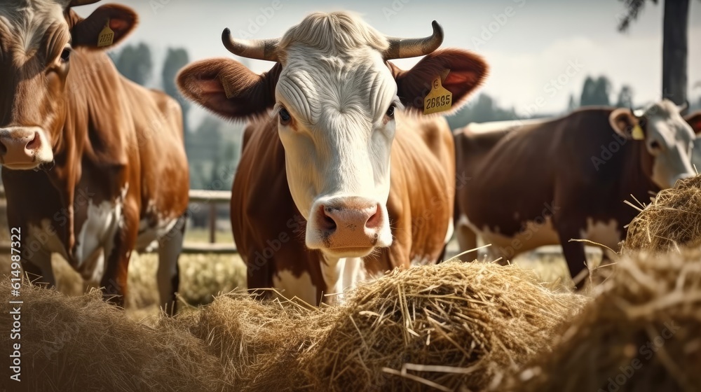 Cows eating hay in a farm barn.