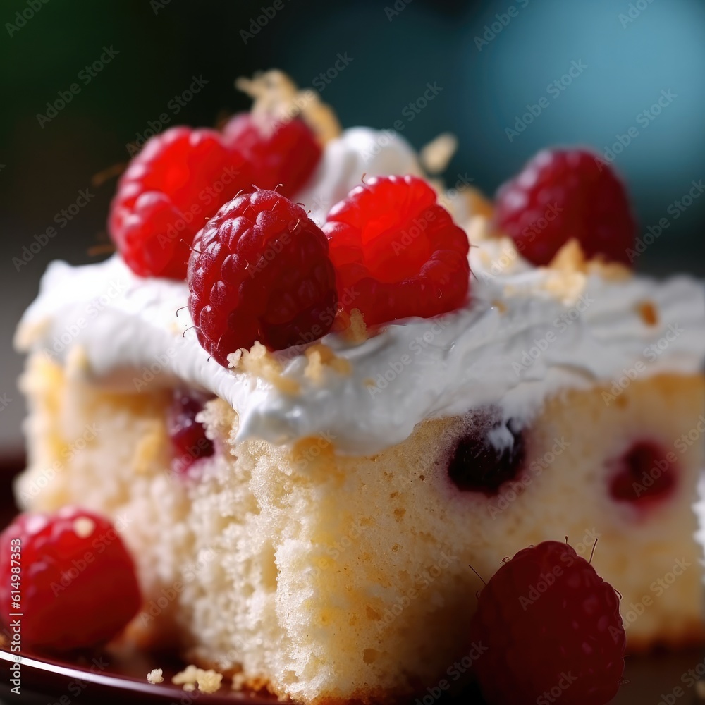 Plate of fruit and cream cake with vanilla frosting. Fruit raspberries and cherries topping.