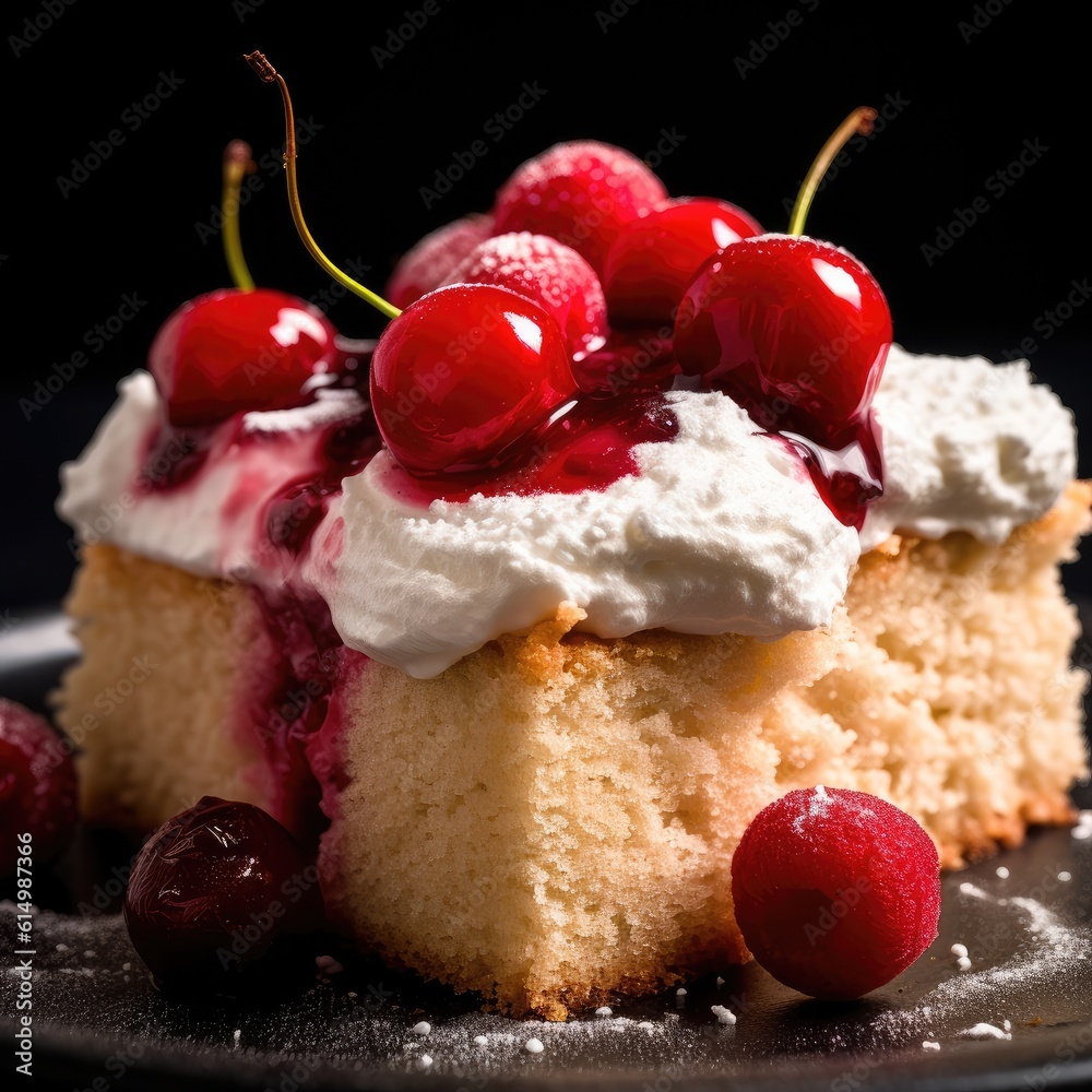 Plate of fruit and cream cake with vanilla frosting. Fruit raspberries and cherries topping.