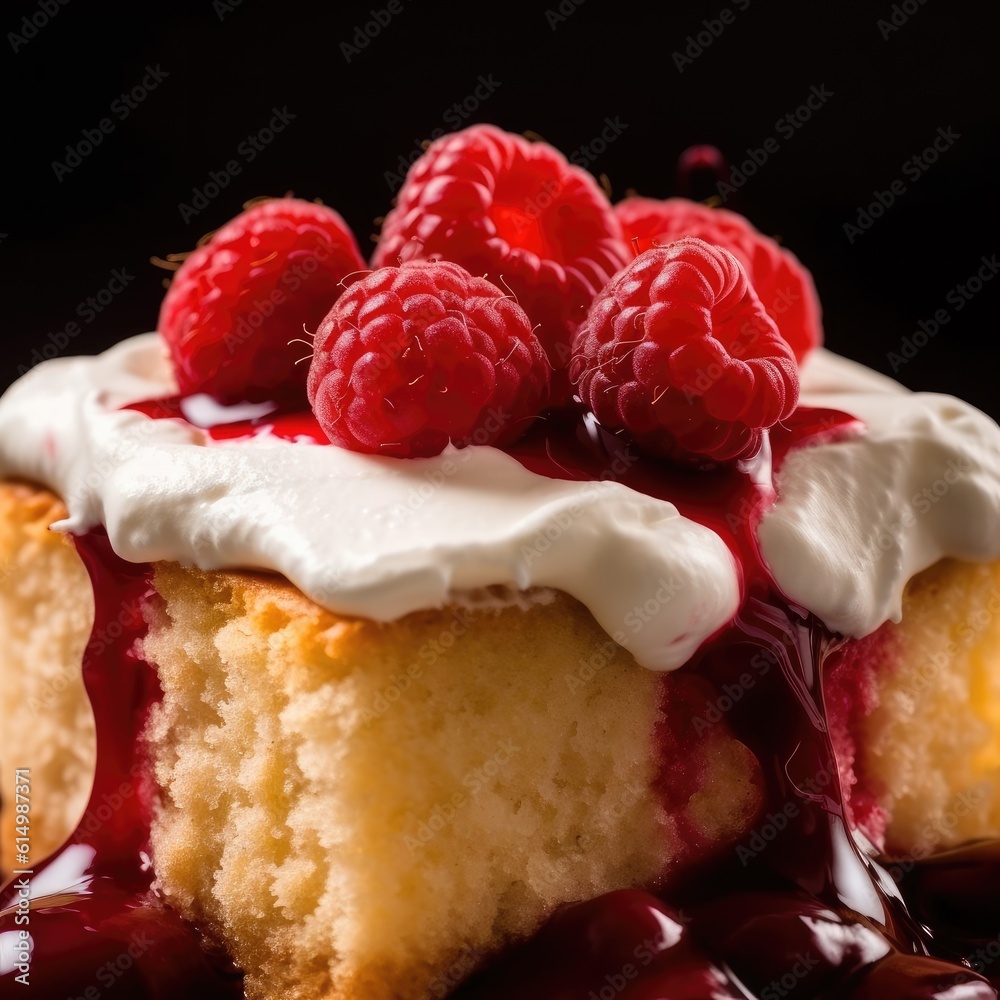 Plate of fruit and cream cake with vanilla frosting. Fruit raspberries and cherries topping.